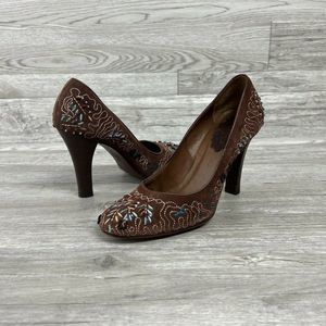 Aldo Boho Retro Brown Suede Leather Bead Round Toe Pump Shoe size Eur 39 US 8